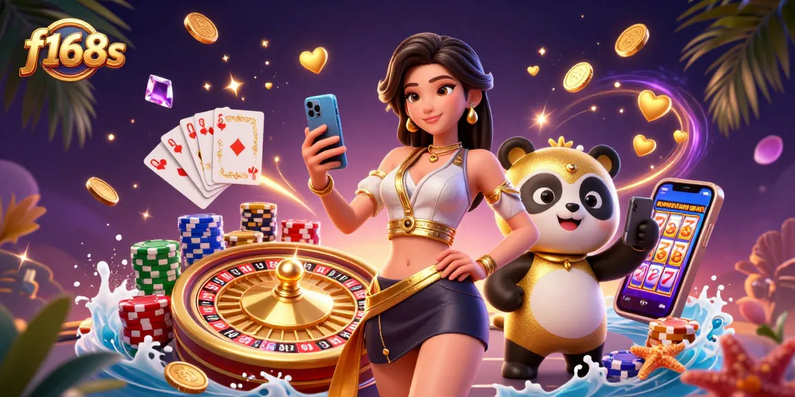 Experience exciting casino gaming action with f168s in a vibrant 3D illustration featuring dynamic characters and casino elements.