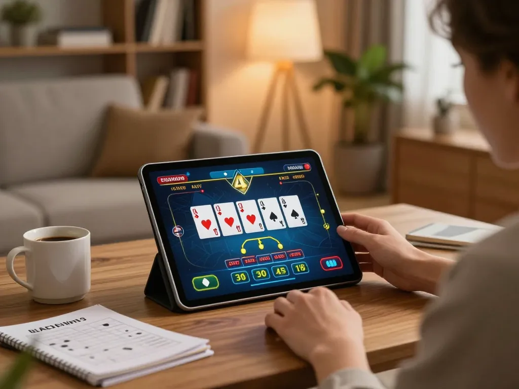 Engaged player at 99ok using tablet for online poker in a cozy living room setting