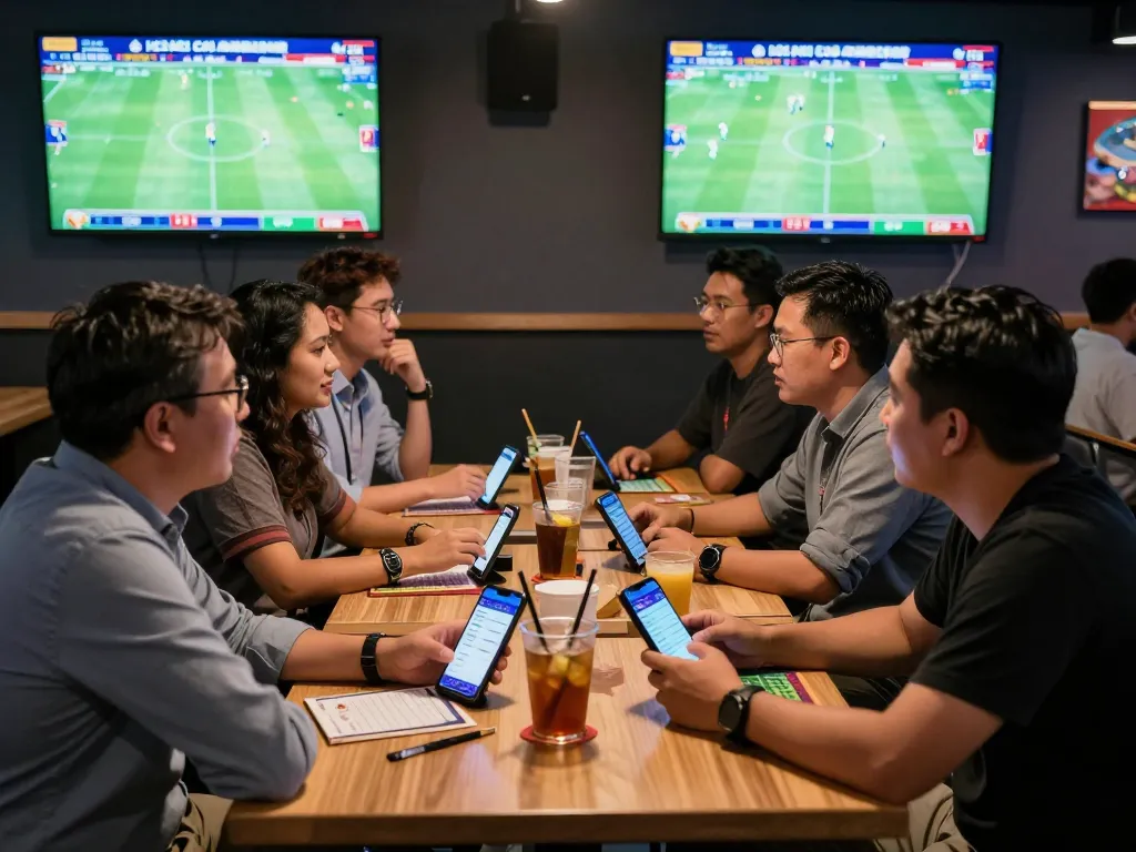 Exciting kèo nhà cái betting scene with diverse group discussing odds and strategies in a vibrant gaming lounge