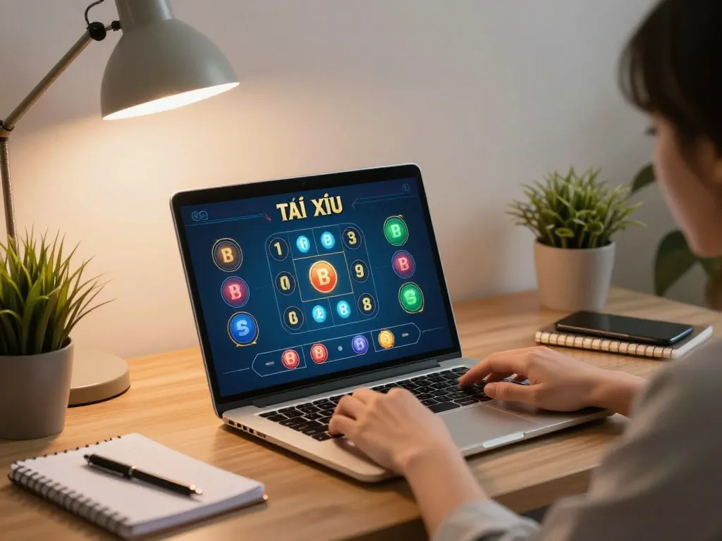 Engaging in an online Tài Xỉu session, focusing on strategy in a cozy home setting with laptop.