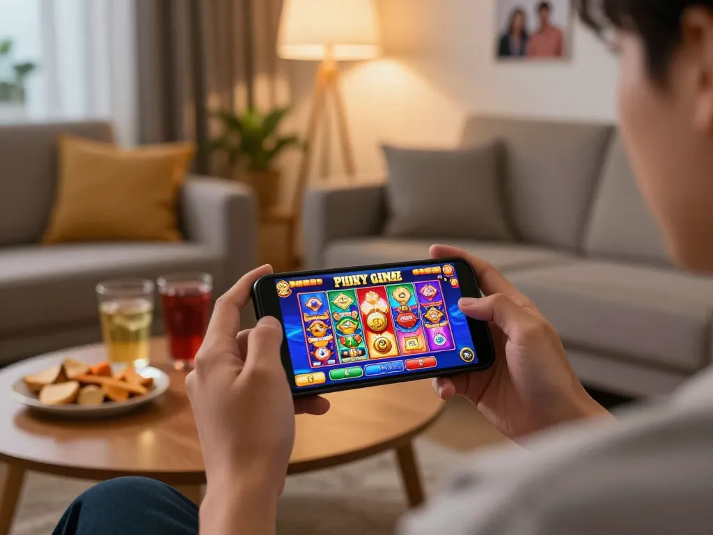 Engaging in a Pinoy Casino Game on a smartphone in a cozy living room environment.