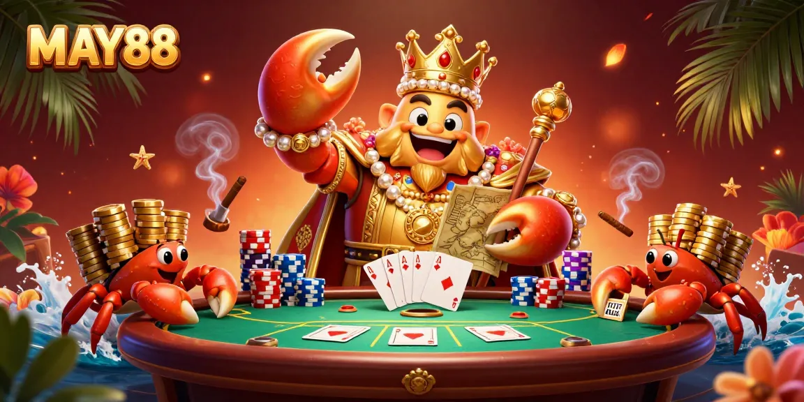 MAY88 showcases a vibrant scene with a golden crab emperor and crab servants holding chips, enhancing casino excitement.