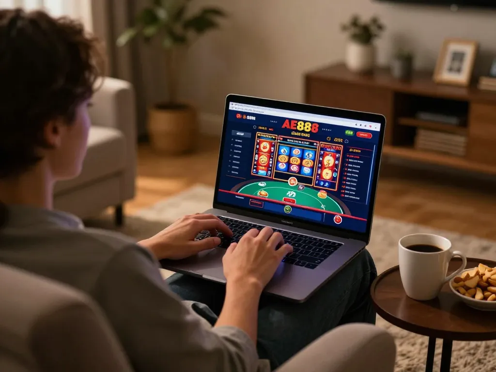 Experience engaging online gaming on AE888 with a cozy home setup and vibrant casino interface.