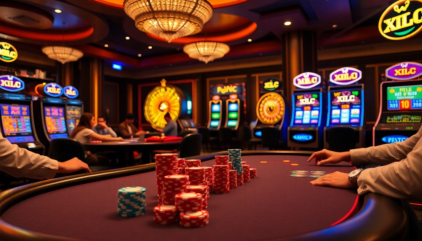 Exciting KJC casino atmosphere with poker and slot machines, showcasing vibrant gaming action.