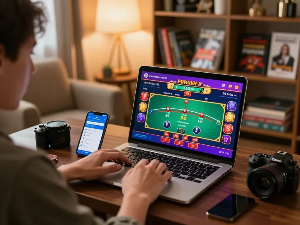 Player enjoying an online blackjack game at XX88, showcasing an engaging laptop and mobile app setup.