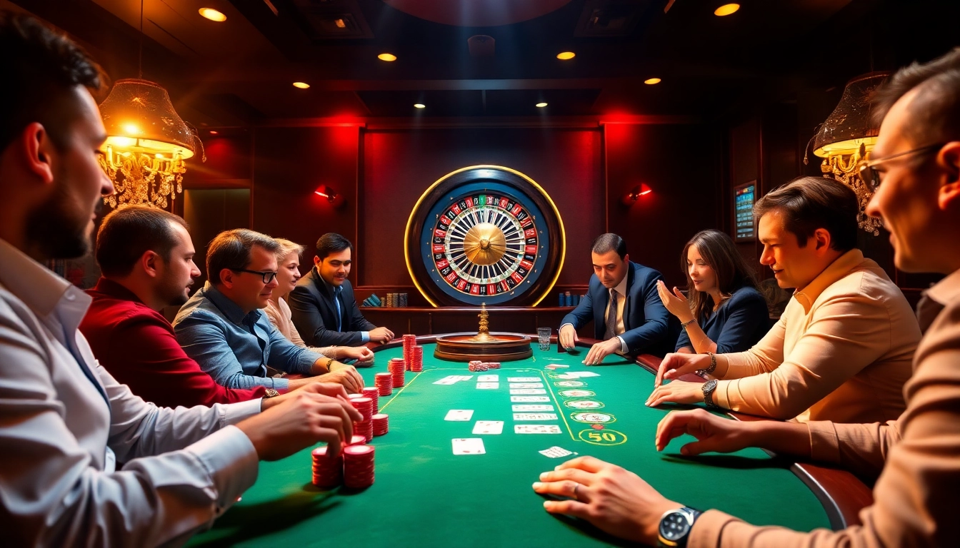 Các người chơi BL555 tận hưởng một ván bài poker hấp dẫn tại bàn casino sang trọng.