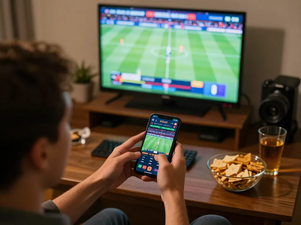 Nohu90 player excitedly using sports betting app during live game.