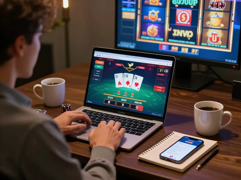 Engaging in blackjack on open88 with vibrant games displayed on a laptop, illustrating online casino excitement.