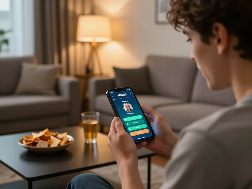 Engaging user placing bets with the Winbd mobile app in a cozy home environment.