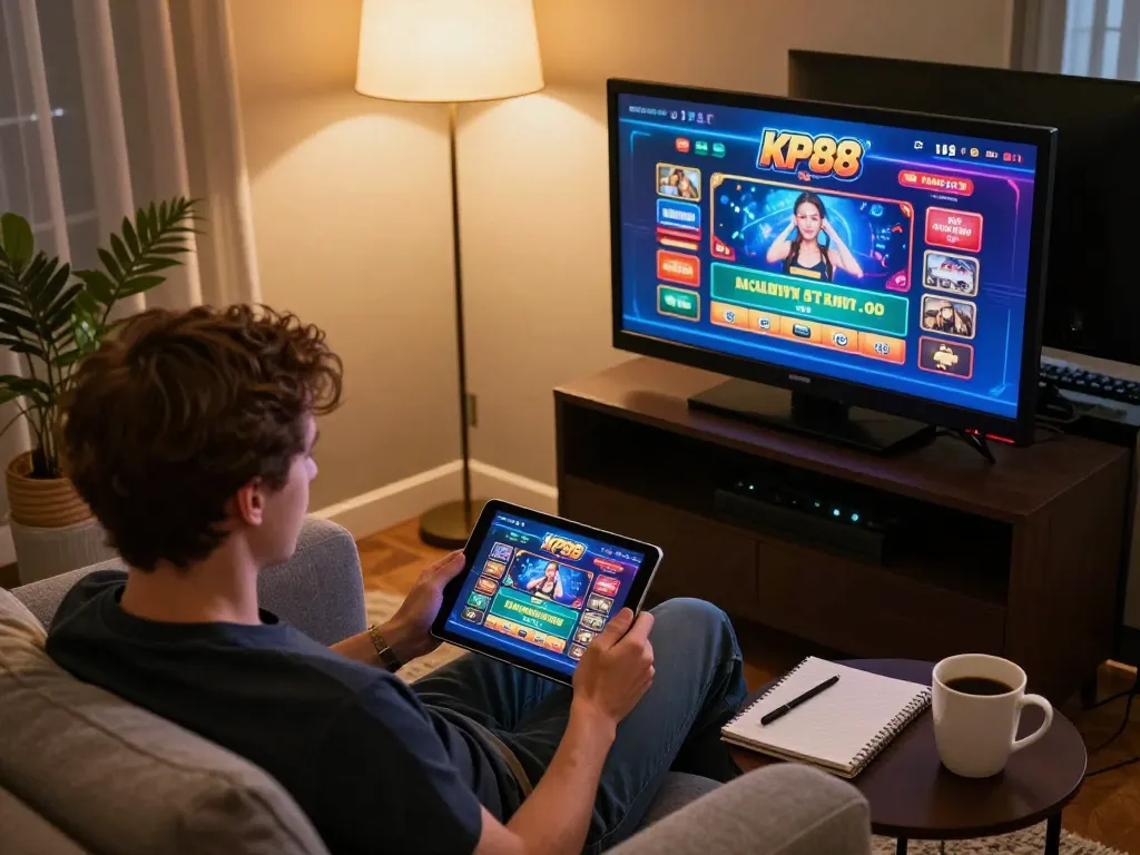 Person engaging in online gambling at KP88 using tablet in cozy home setting