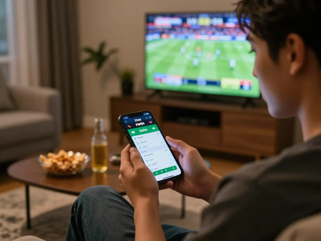 Engaged bettor using nhà cái rwin app on smartphone while watching live sports at home.