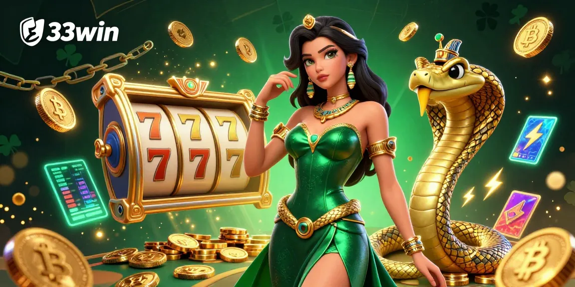 Experience thrilling gameplay at 33win with a glamorous illustration showcasing slot machines and cryptocurrency elements.