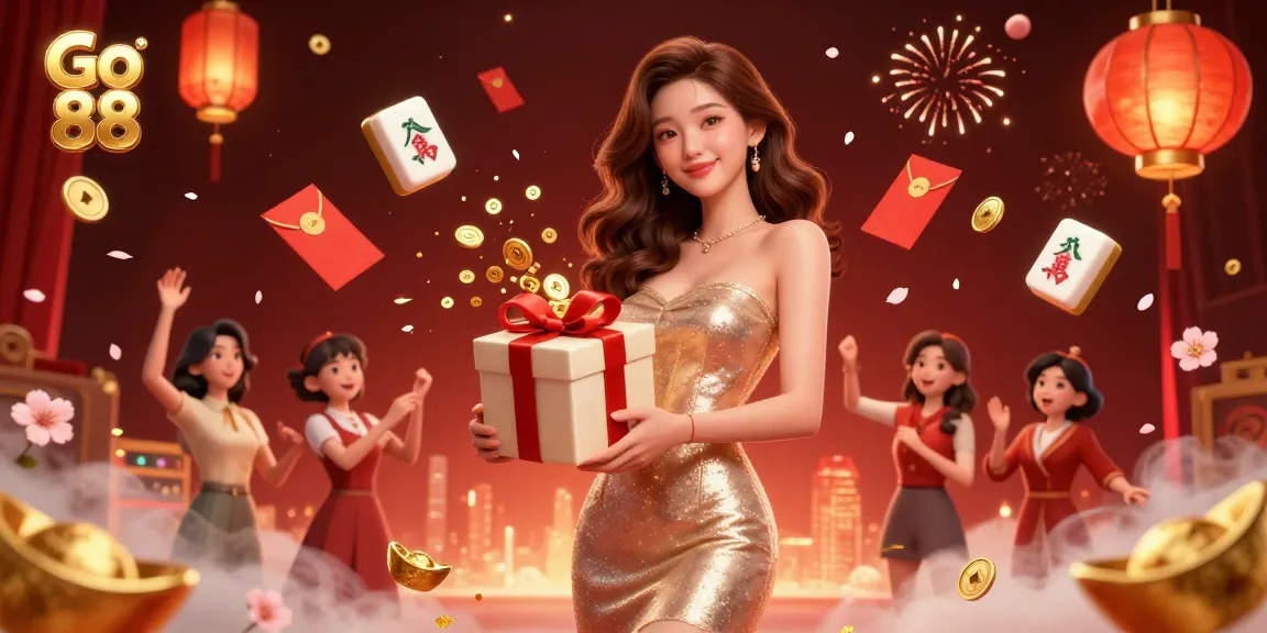 Experience the thrill of Go 88 with this vibrant Lunar New Year casino scene, featuring a stunning Asian woman and festive elements.