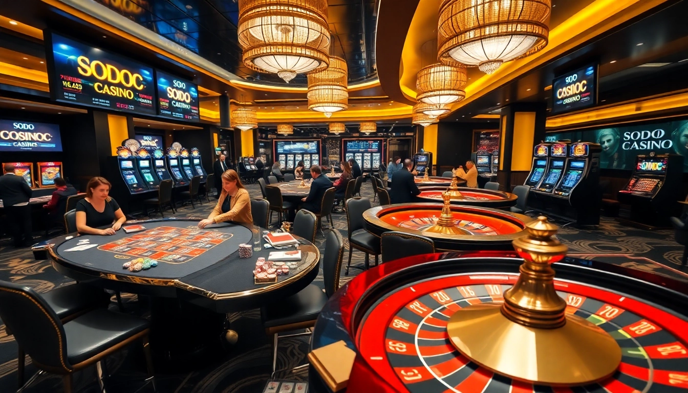 SODO CASINO showcasing vibrant gambling elements with poker chips and roulette tables.