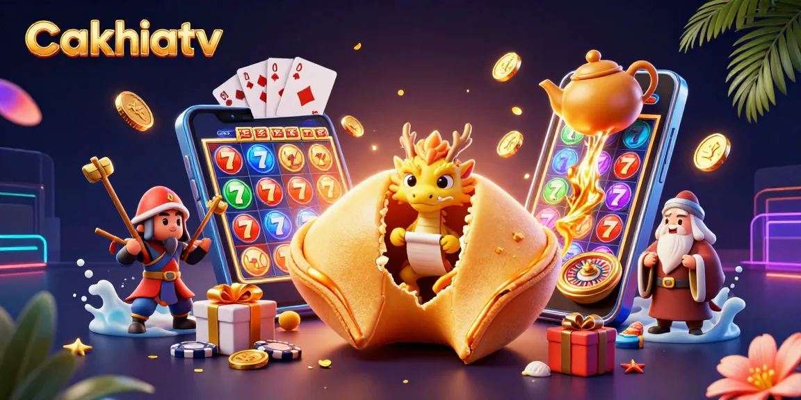 Engage with cakhiatv's vibrant casino art showcasing a golden fortune cookie and animated slot game.