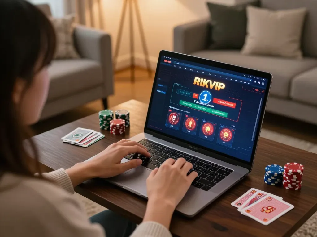 Player engaging in RIKVIP online casino gaming session with chips and cards nearby, showcasing a cozy atmosphere.