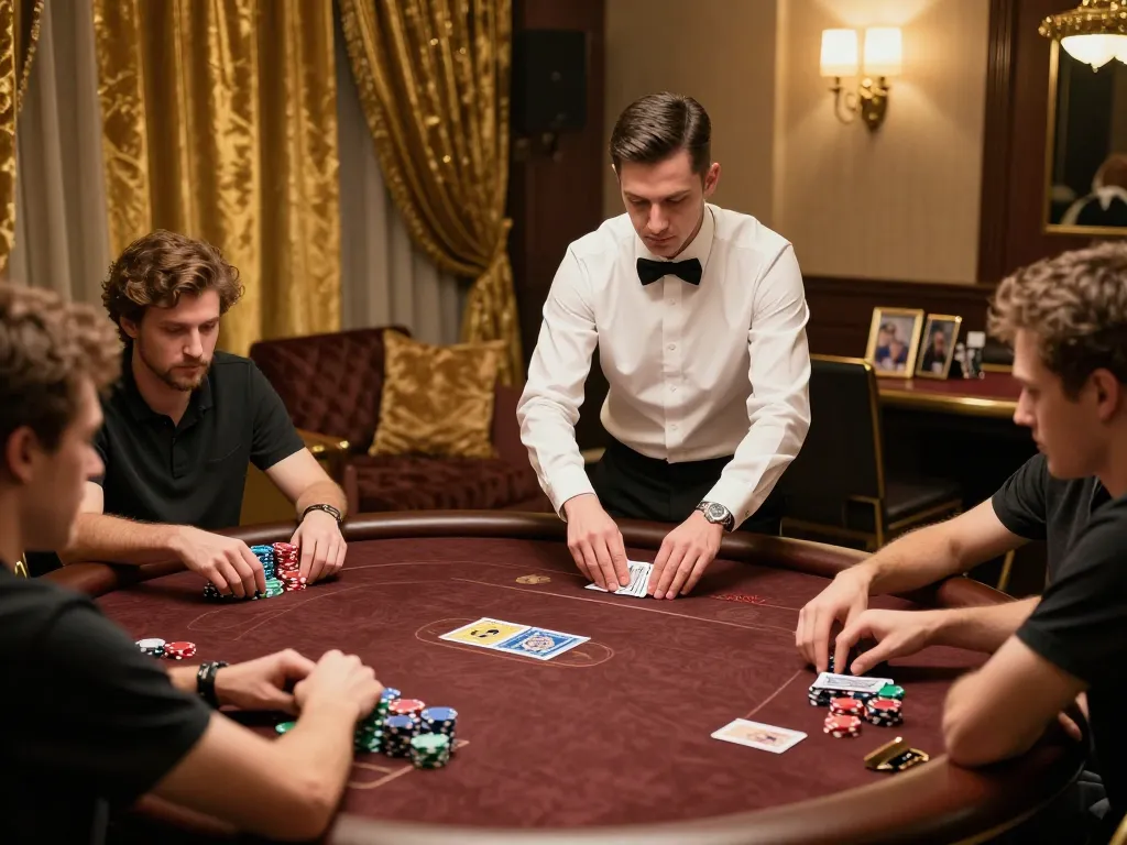 Engaged players strategizing at a high-stakes poker table on debet15 platform, showcasing poker chips and cards
