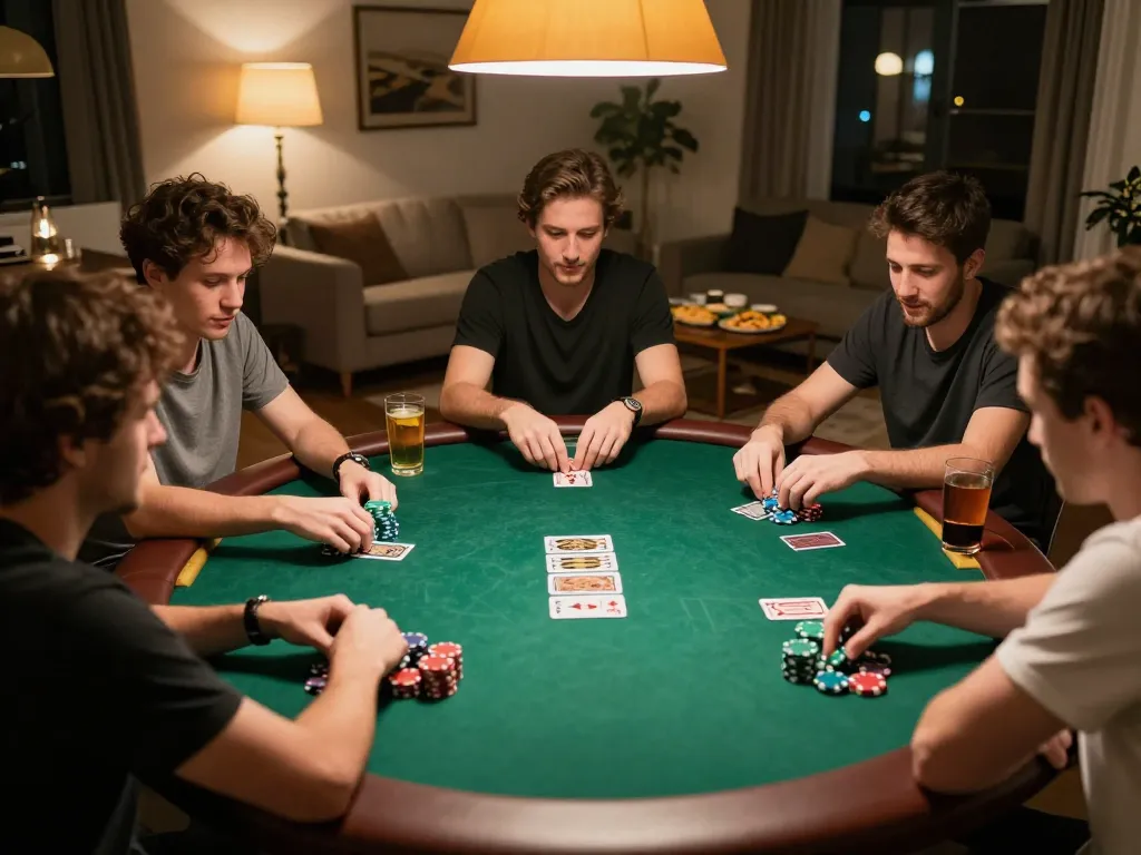 Các người chơi LUCK8 đang lập chiến lược trong một trận poker tại nhà thân thiện với những chip và bài sôi động
