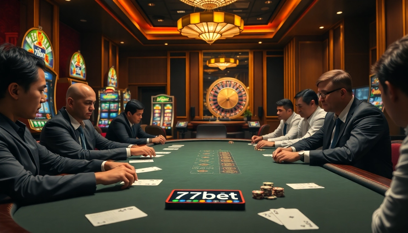 Experience the thrill of gambling at 77bet with professional poker players and vibrant casino elements.