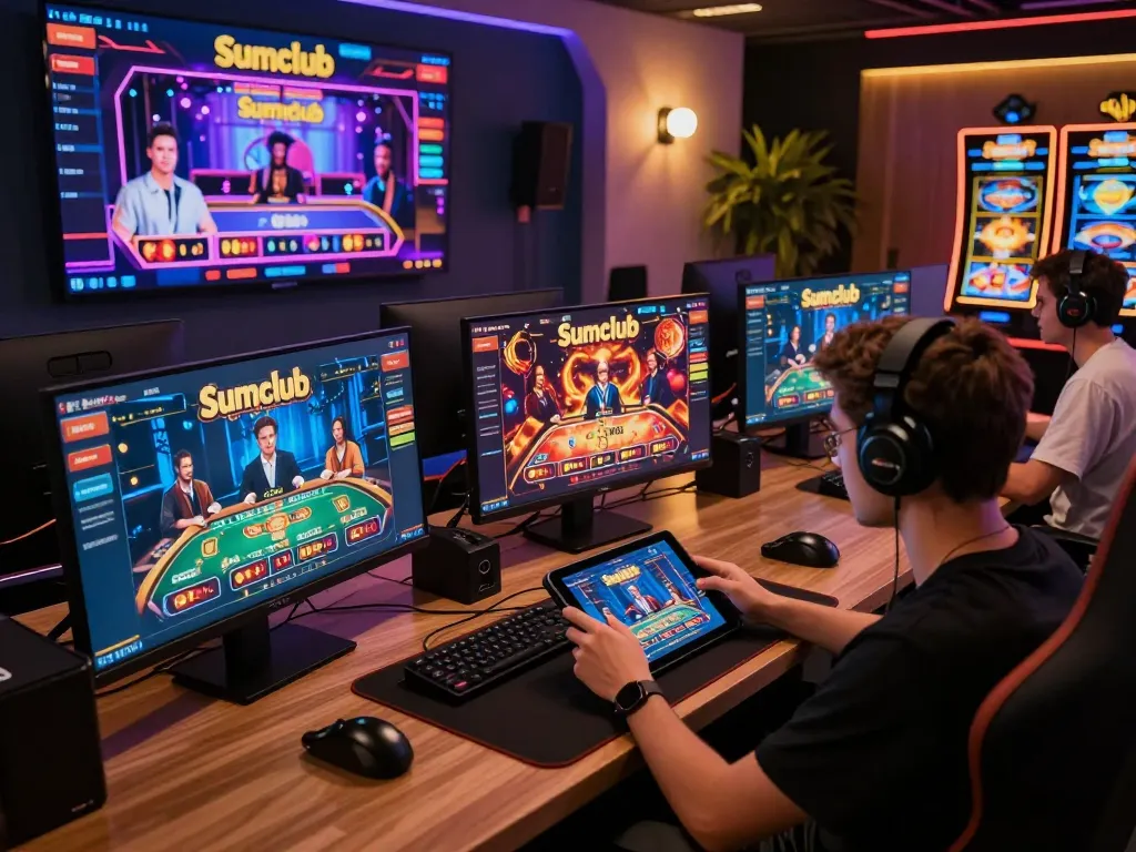 Engaging with Sumclub's online casino games from a stylish home setup, featuring vibrant screens.