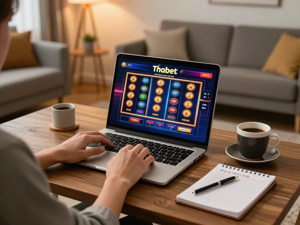 Engaging in online casino gaming at Thabet's platform using a laptop in a cozy home setting.