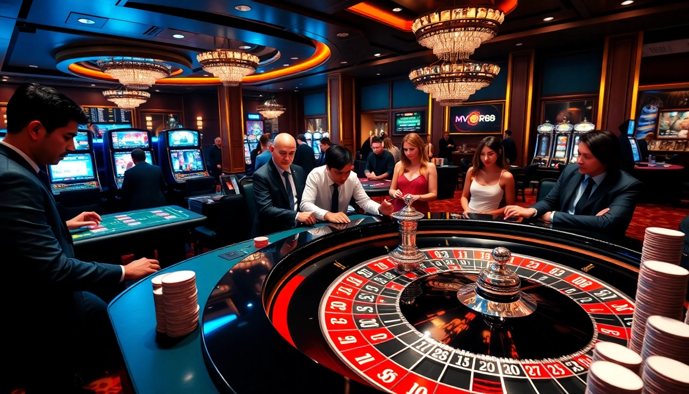 Players engaging with MV88-themed gambling experiences at a vibrant casino table.