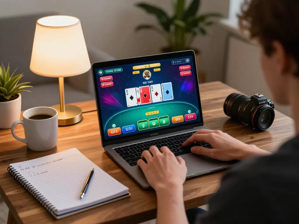 Engaged player strategizing at an online vk88 poker table through laptop interface in cozy setting.