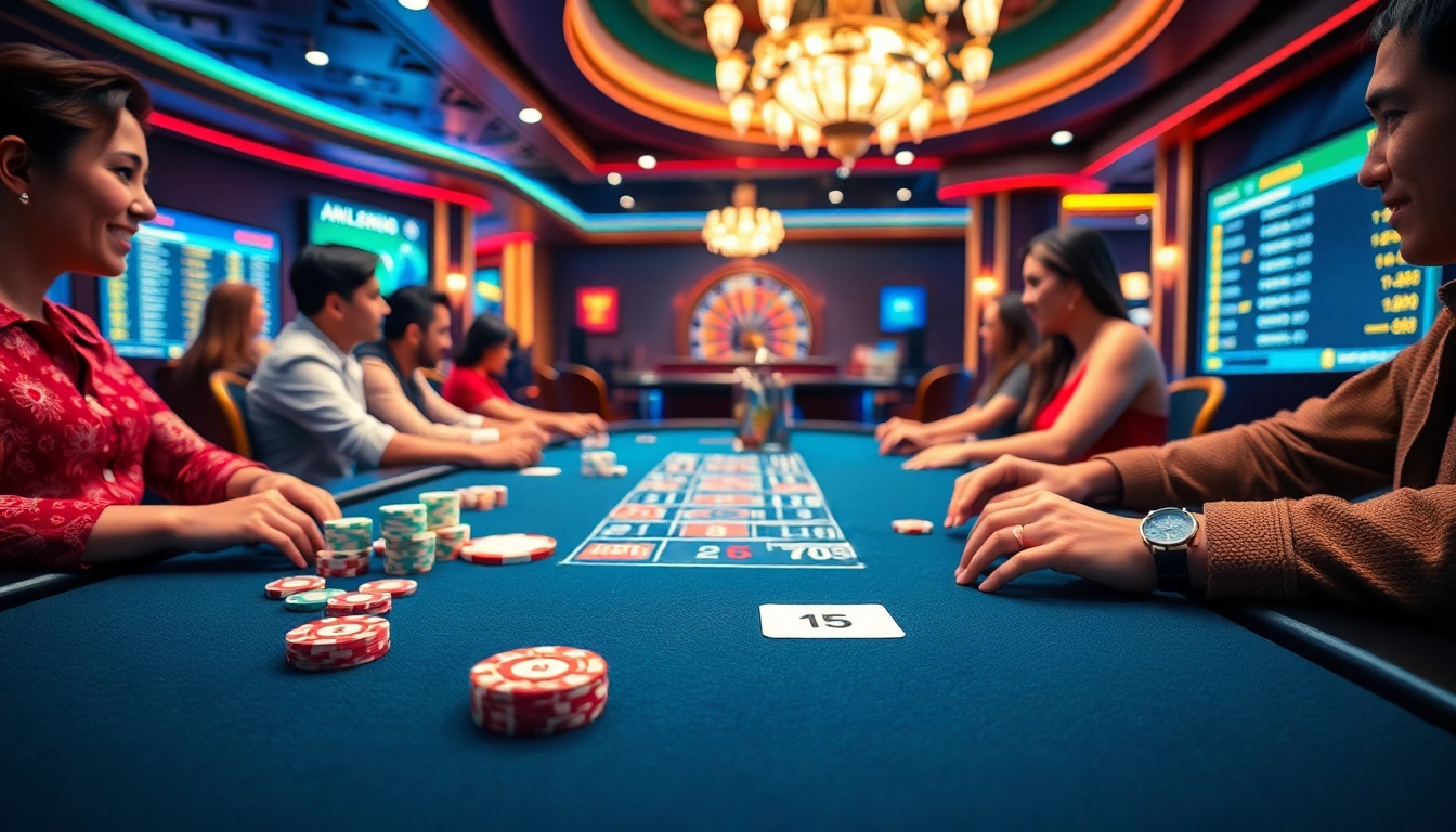 Players enjoying the thrill of Xóc đĩa online at a luxurious casino table.