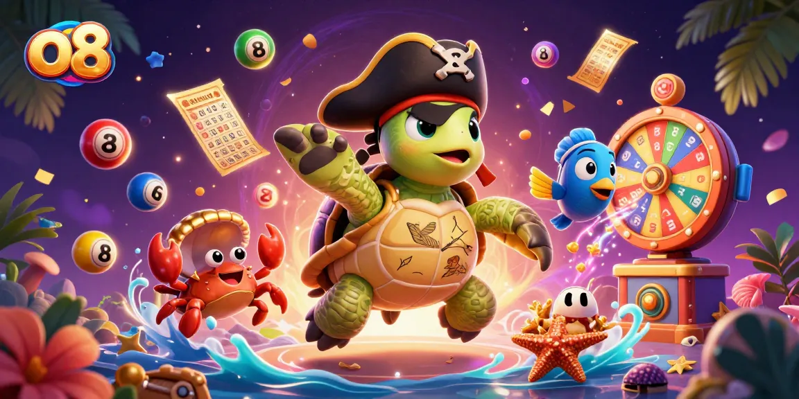 Experience excitement with O8's vibrant casino scene featuring colorful lottery elements and treasure.