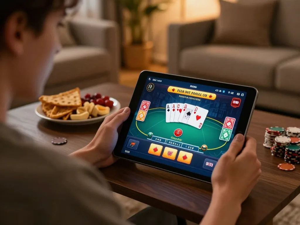 Experience thrilling online poker gaming with 33win on a cozy home setup, showcasing strategic play.