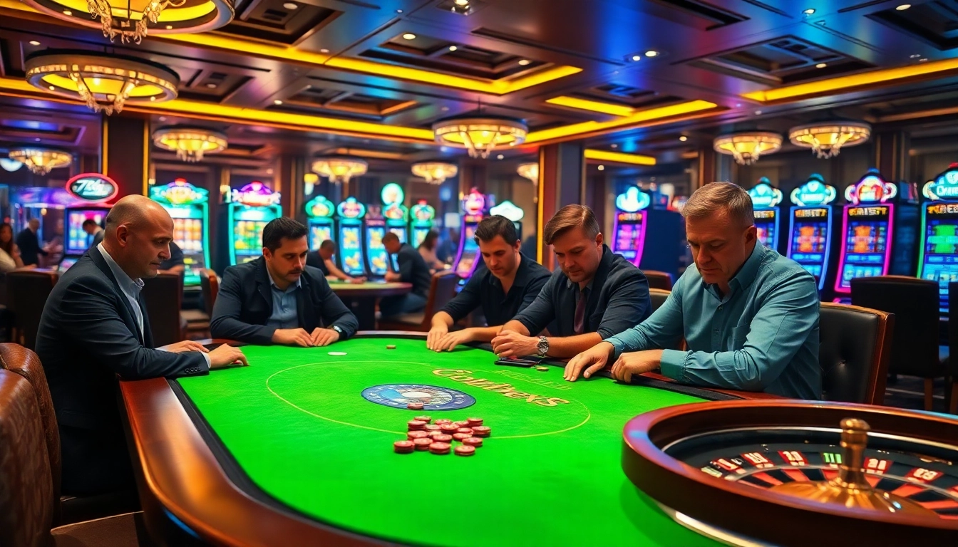 Action-packed poker game at 789f casino with vibrant lights and eager players.
