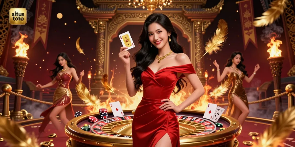 Situs toto showcases beautiful Asian woman in a red evening gown holding a golden card, near a golden roulette wheel.