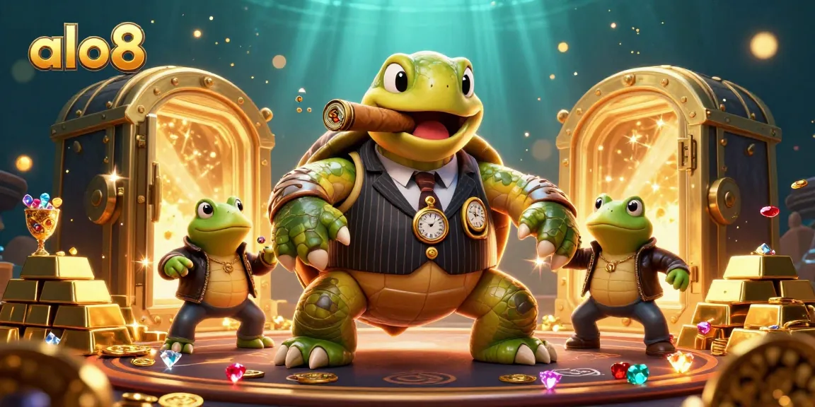 Experience the thrilling world of alo8 with a vibrant casino scene featuring a turtle mobster and fireworks of gold