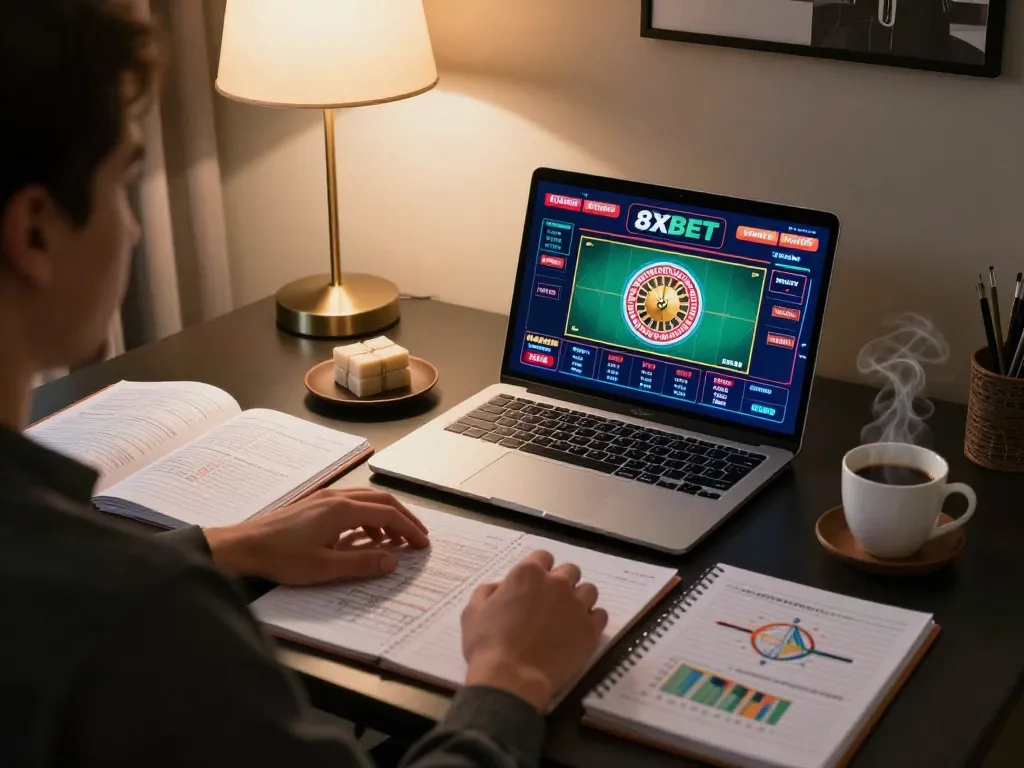 Engaging in live roulette gaming on 8xbet with a detailed strategy notebook nearby in a cozy home office.