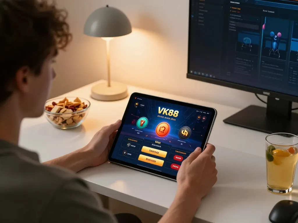 Engaging with the VK88 casino app in a stylish home office while enjoying online gaming.
