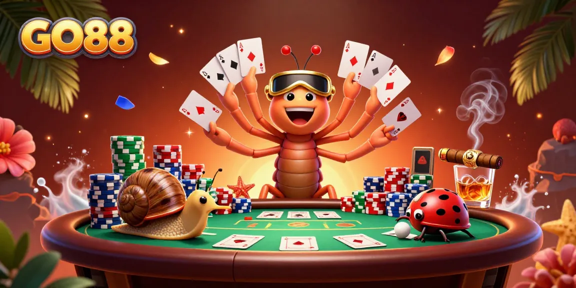 GO88 enthusiasts experience an exhilarating casino scene with vibrant cartoon characters and poker elements.