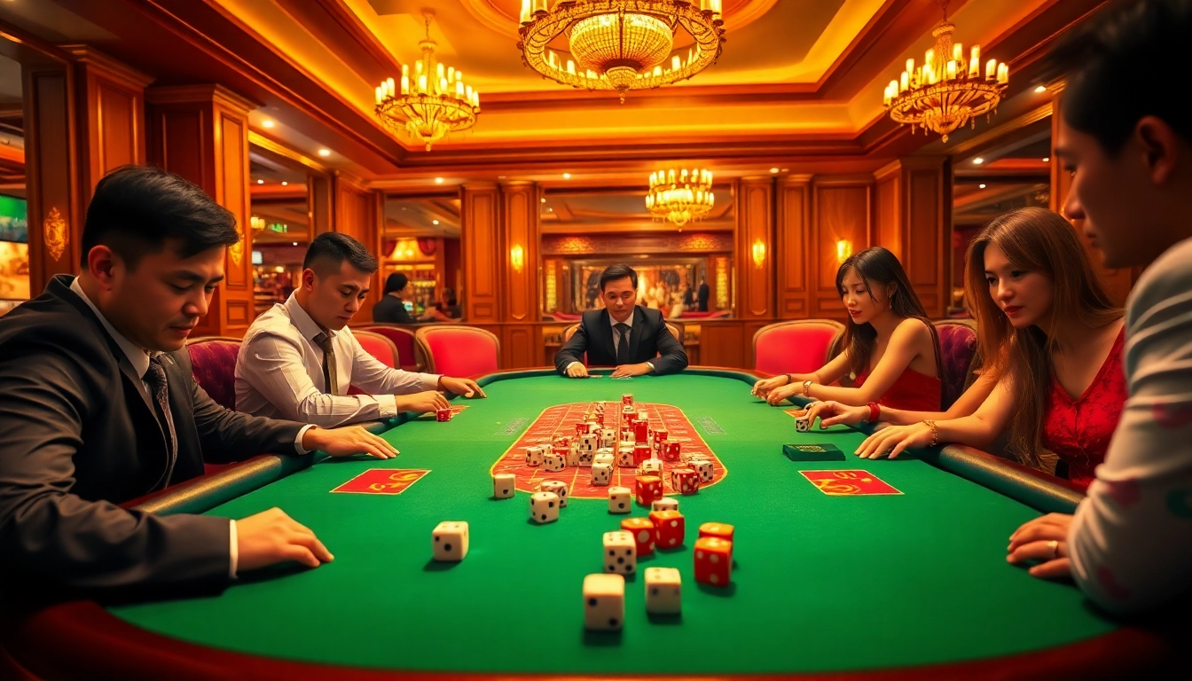 Excited players engage in tài xỉu sunwin at a luxurious casino table.