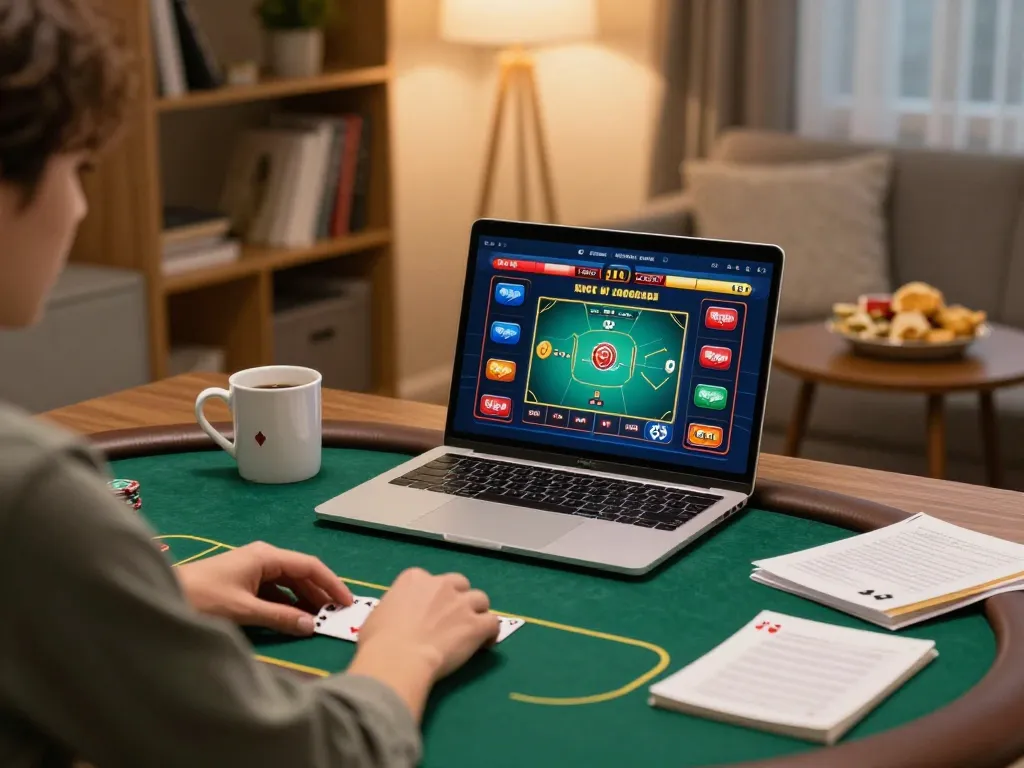 Player enjoying nk88 online poker on a cozy home setup with strategic notes and vibrant gaming interface.