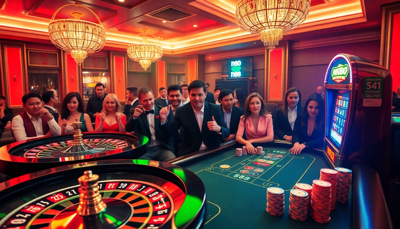 Experience the thrill of nk88 with a vibrant casino scene showcasing poker chips and a roulette wheel.