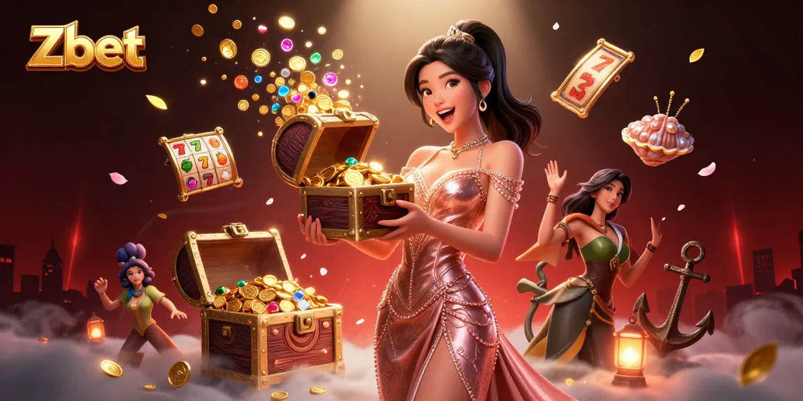 Zbet showcases stunning casino allure with a joyful Asian woman revealing treasures of gems and gold in an exciting gambling scene.