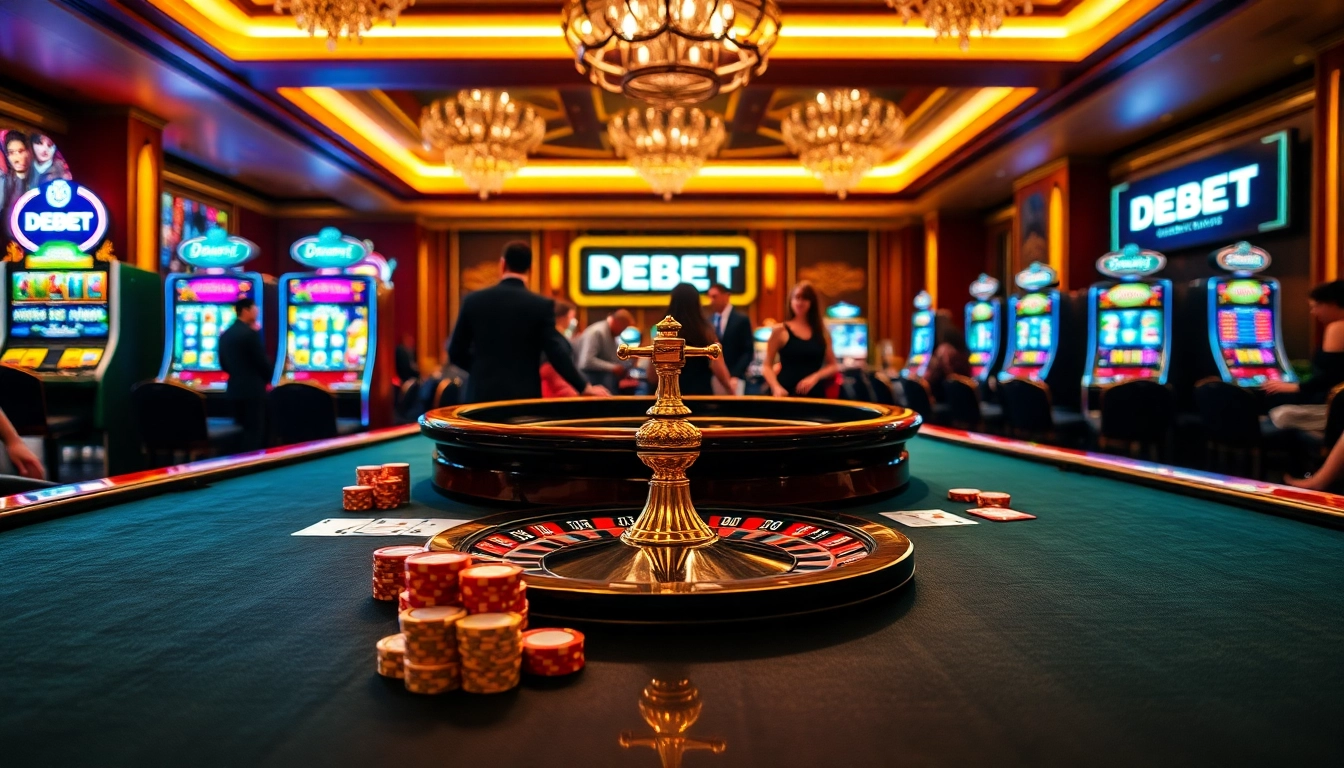 Experience the thrill of DEBET as players engage in high-stakes poker under luxurious casino lights.