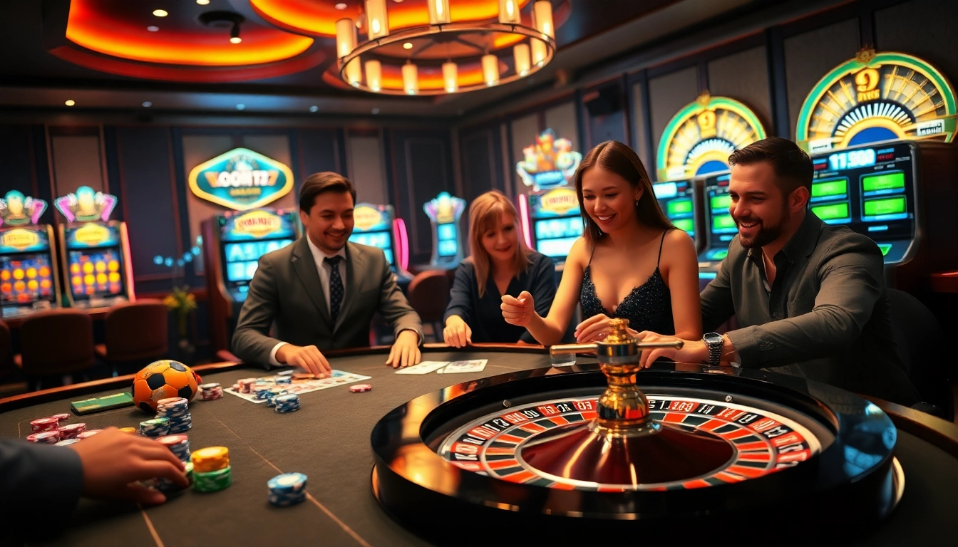 Players enjoying a vibrant game at Goal123's luxurious online casino, showcasing excitement and professionalism.