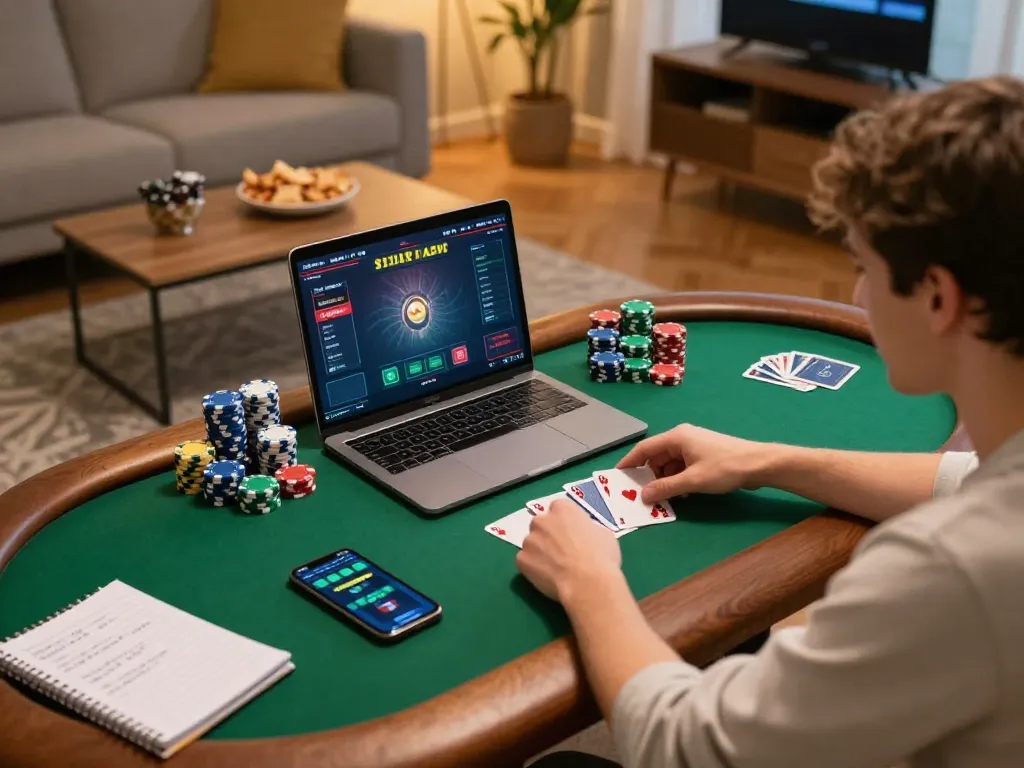 Engage in online poker excitement with CM88 COM, showcasing chips and cards at home.