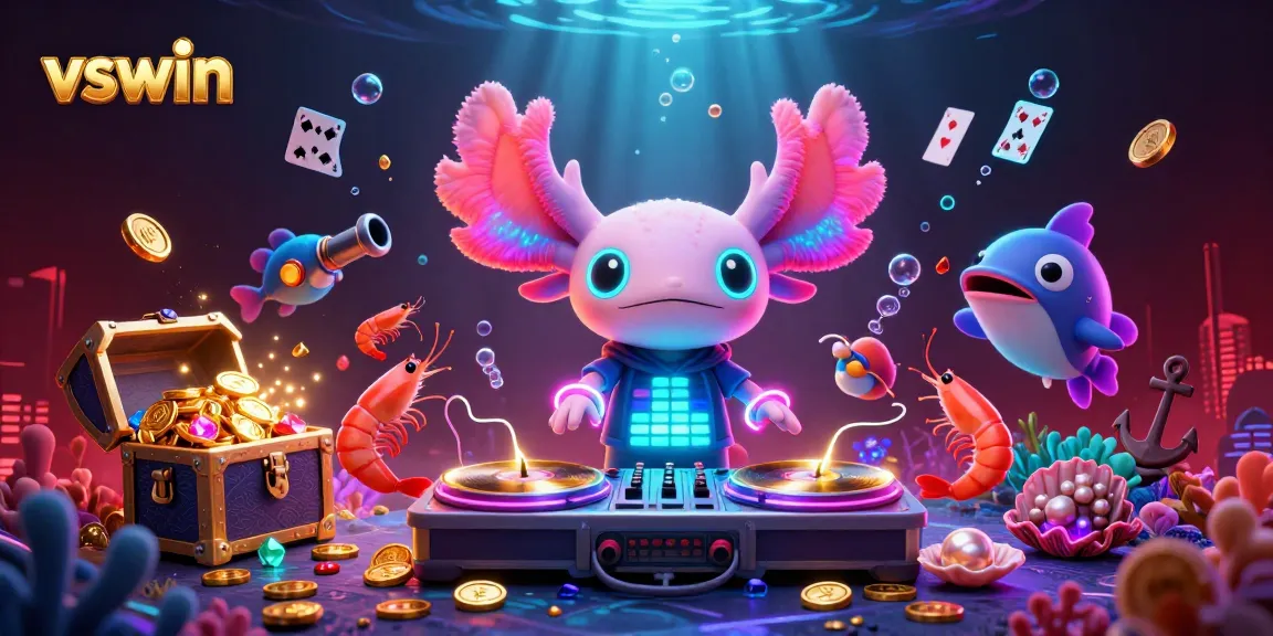 Experience an electric underwater casino vibe with vswin's dynamic axolotl DJ and lively shrimp dancers.