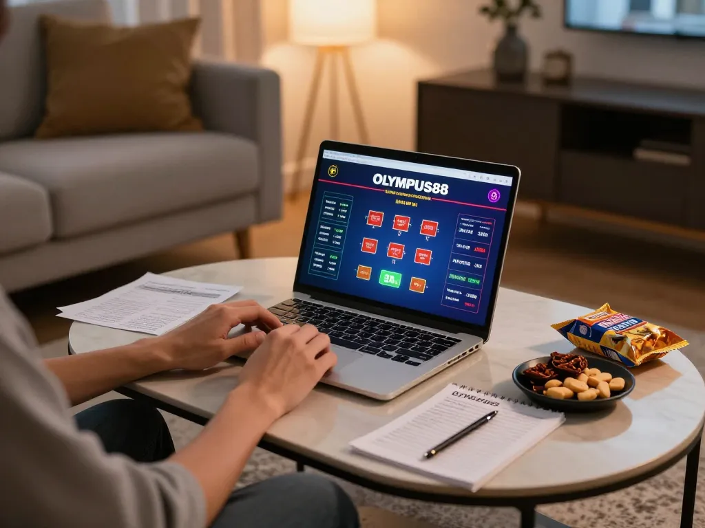 Engaging in strategic gameplay at OLYMPUS88 online casino on a modern laptop in a cozy living room