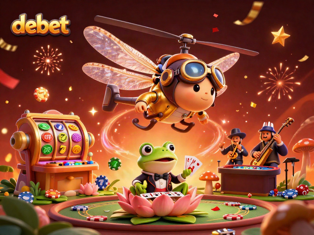 Engage in gaming excitement with debet, featuring a dragonfly pilot and casino elements.