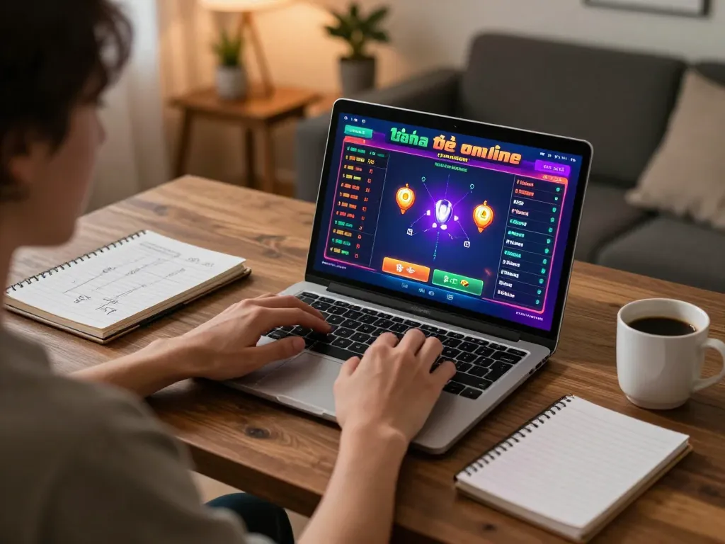 Engaging in đánh đề online at home, displaying a laptop with betting interface and strategic notes
