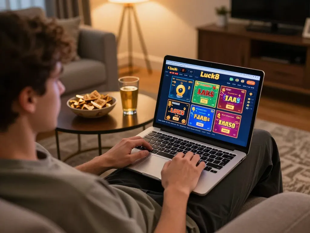 Engage with luck8 online casino from home with a laptop setup and snacks.