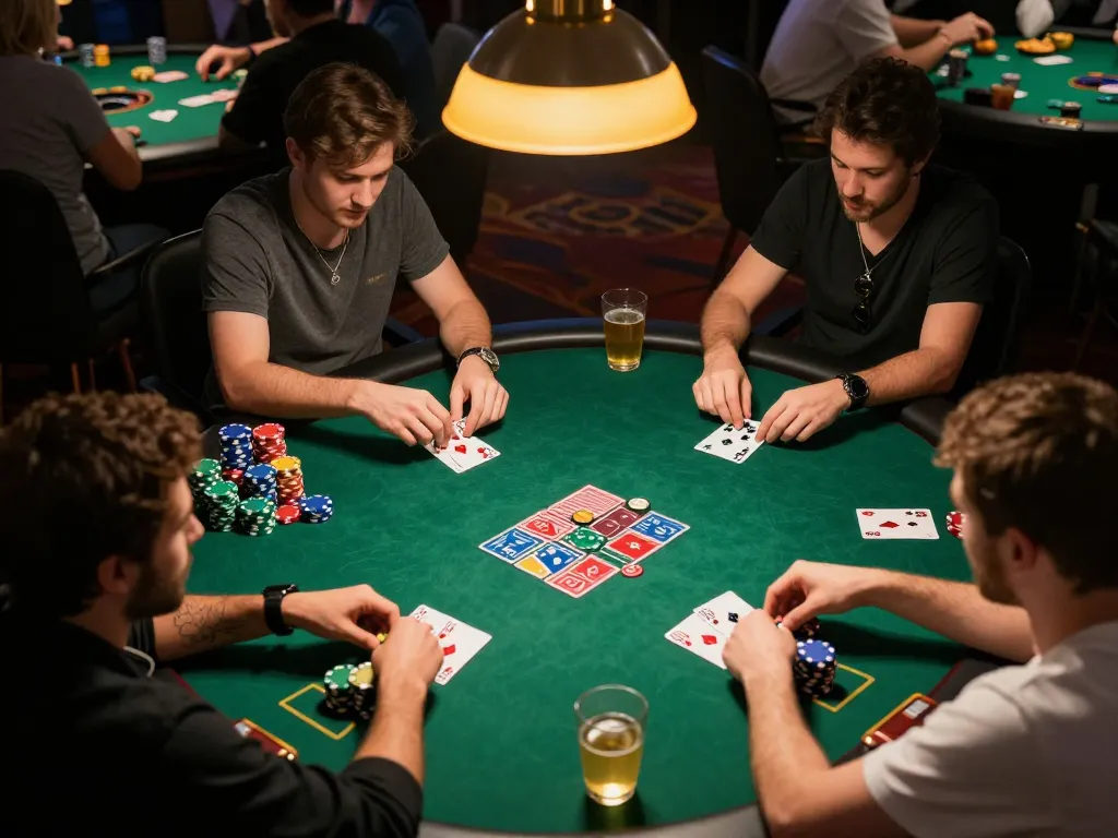 Players engaging in intense poker strategy at Hitclub, highlighting chips and community cards