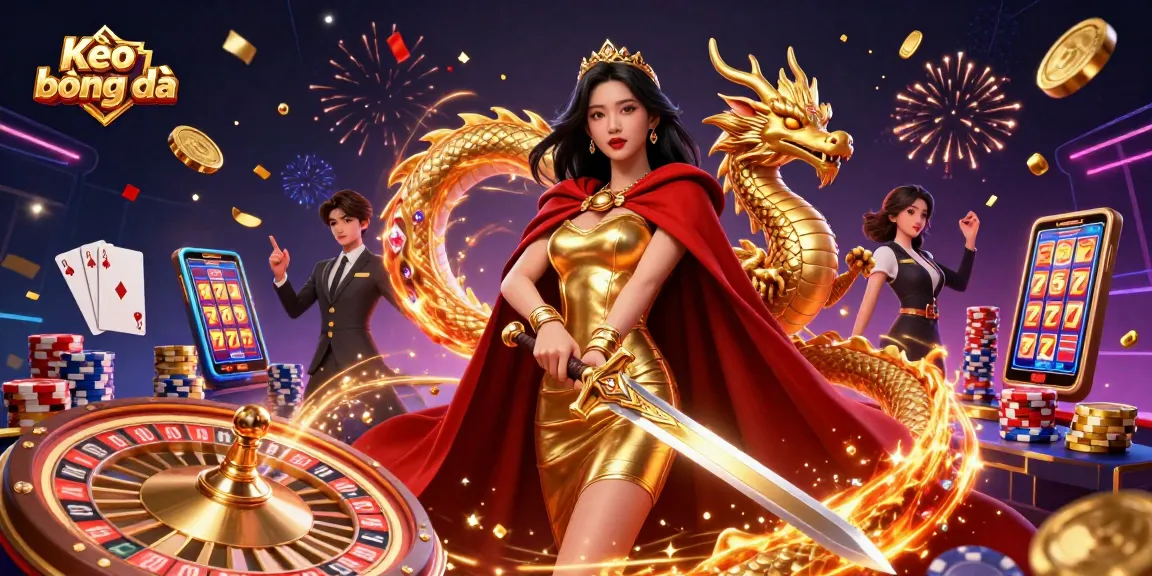 Kèo bóng đá showcases dynamic sports betting with a warrior queen, golden coins, and vibrant casino elements.